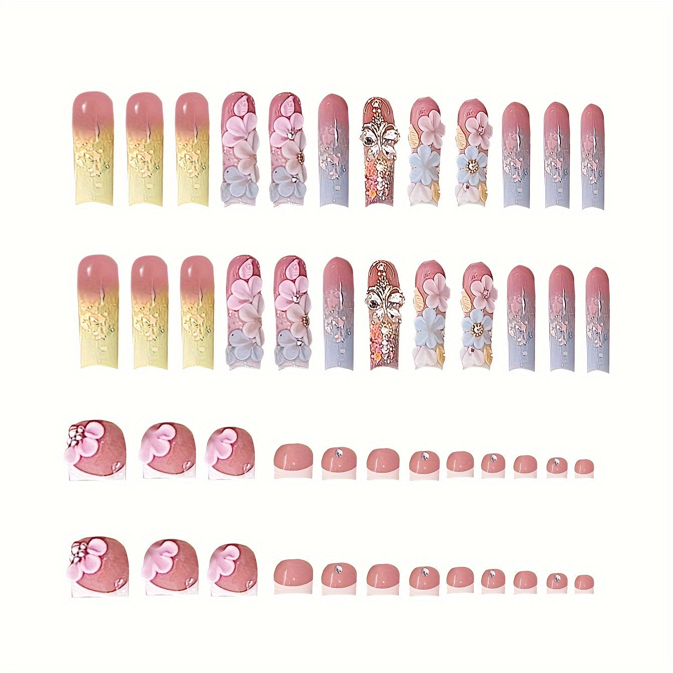 48pcs Luxe Press-On Nail & Toenail Set with 3D Floral, Butterfly & Rhinestone Accents - Includes Jelly Glue & Nail File for Easy Application - Perfect for Women and Girls